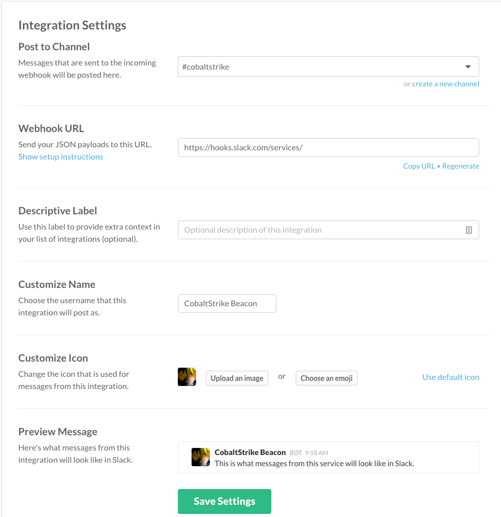 Slack Custom Webhook Configuration